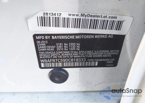 2013 BMW 535I из США, поврежденный, VIN WBAFR7C59DC819333